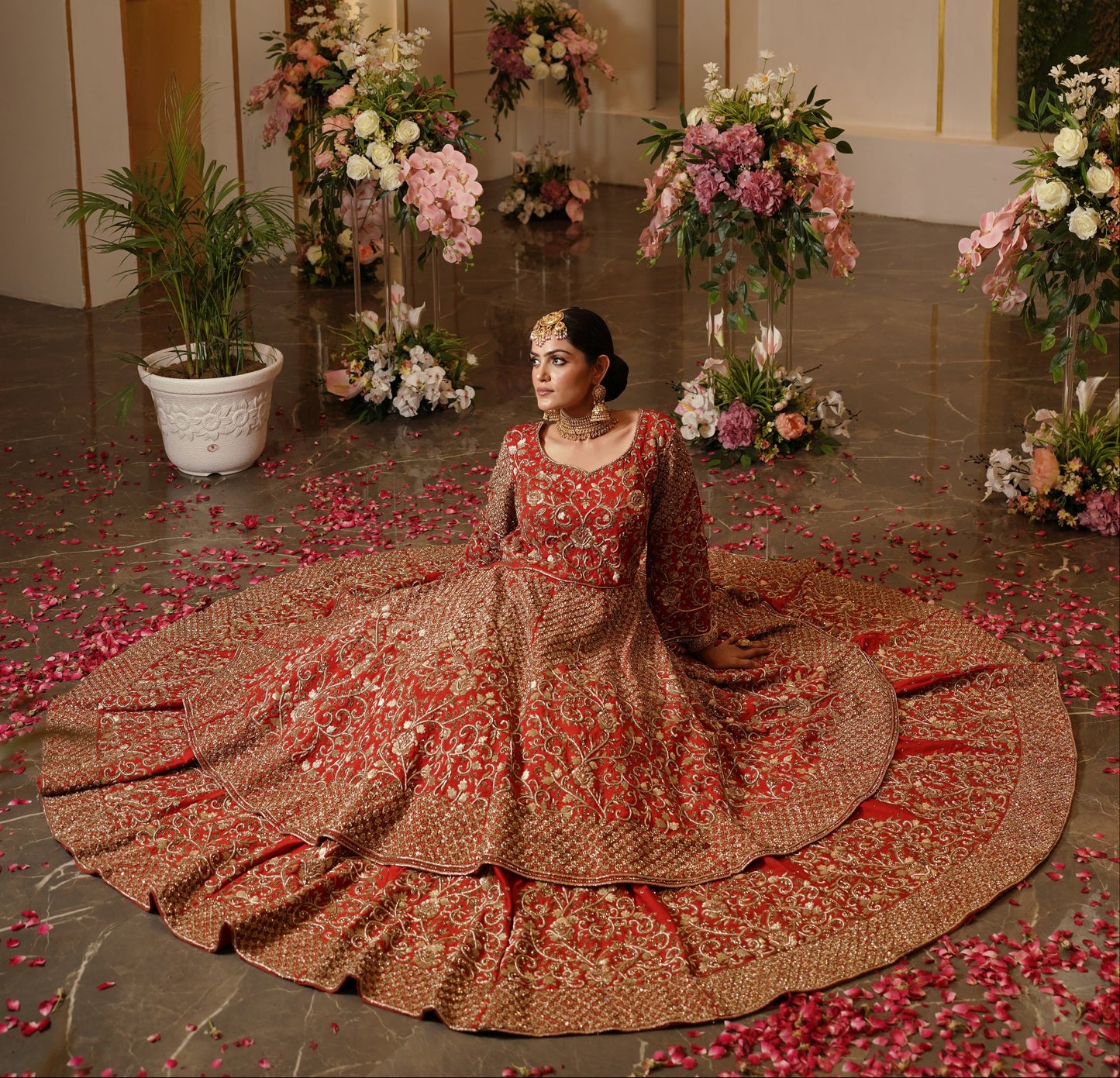 Royal Red Anarkali Style Gold Work Lehenga
