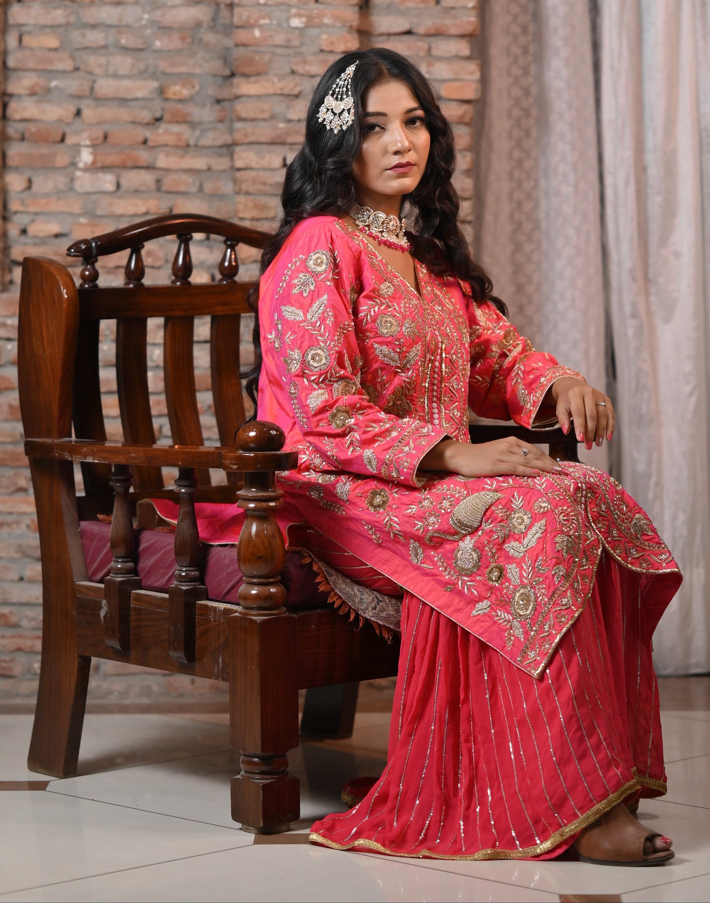 Gold Embroidered Coral Sharara Suit