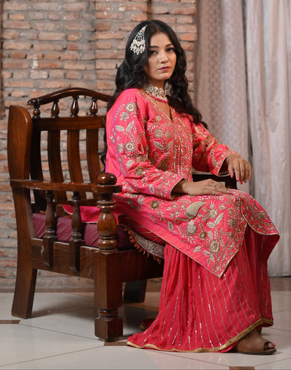 Gold Embroidered Coral Sharara Suit