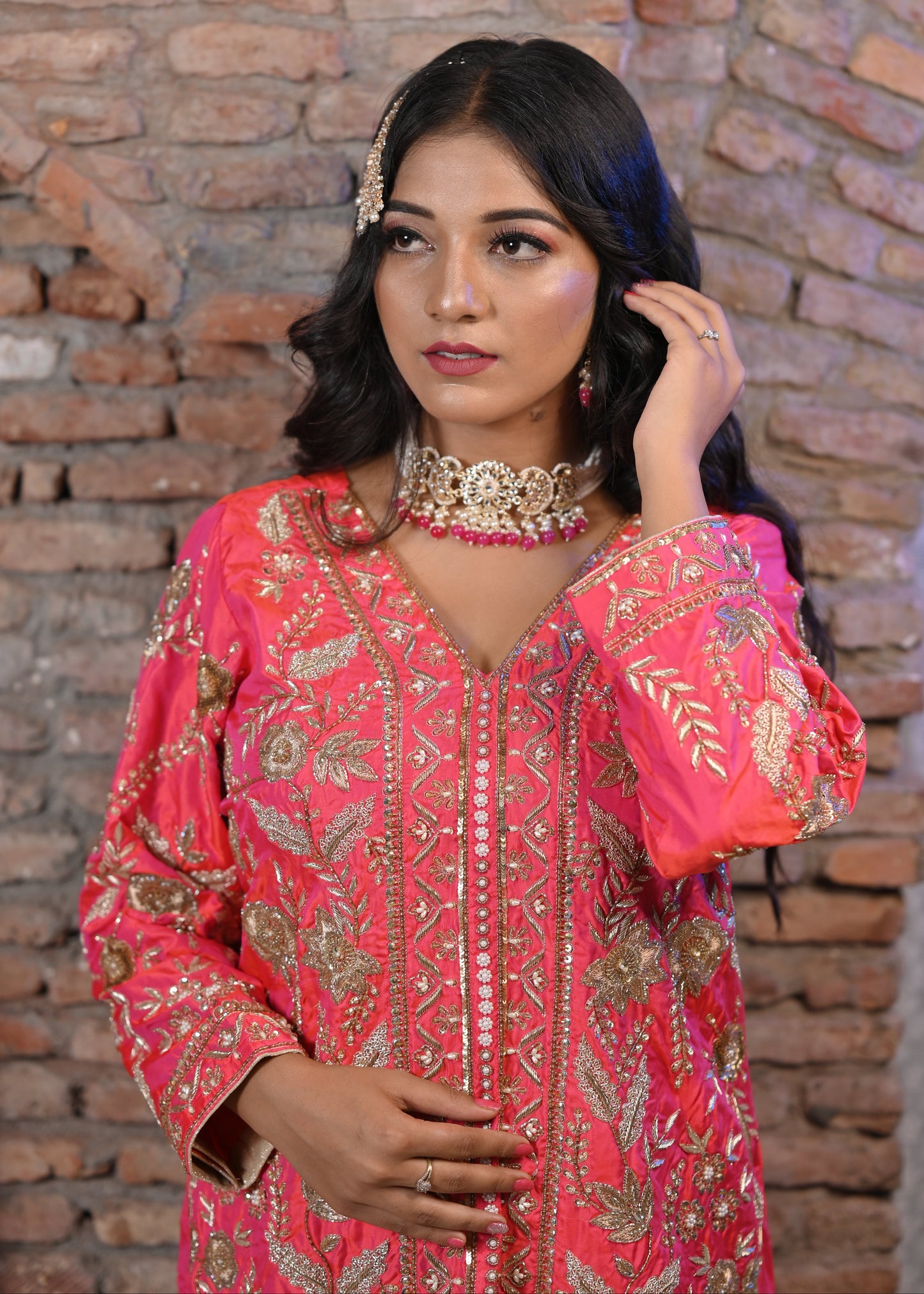 Gold Embroidered Coral Sharara Suit