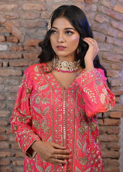 Gold Embroidered Coral Sharara Suit
