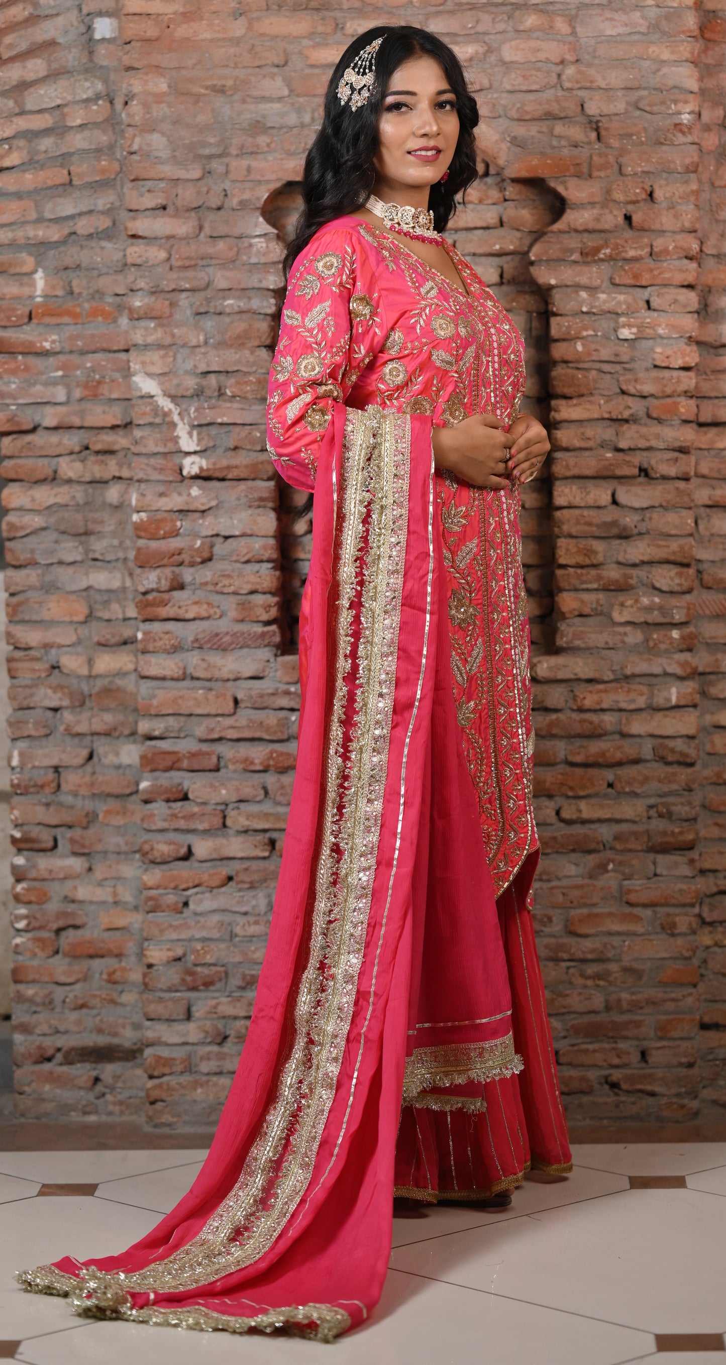 Gold Embroidered Coral Sharara Suit