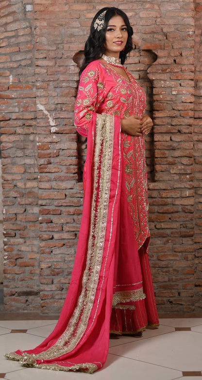 Gold Embroidered Coral Sharara Suit