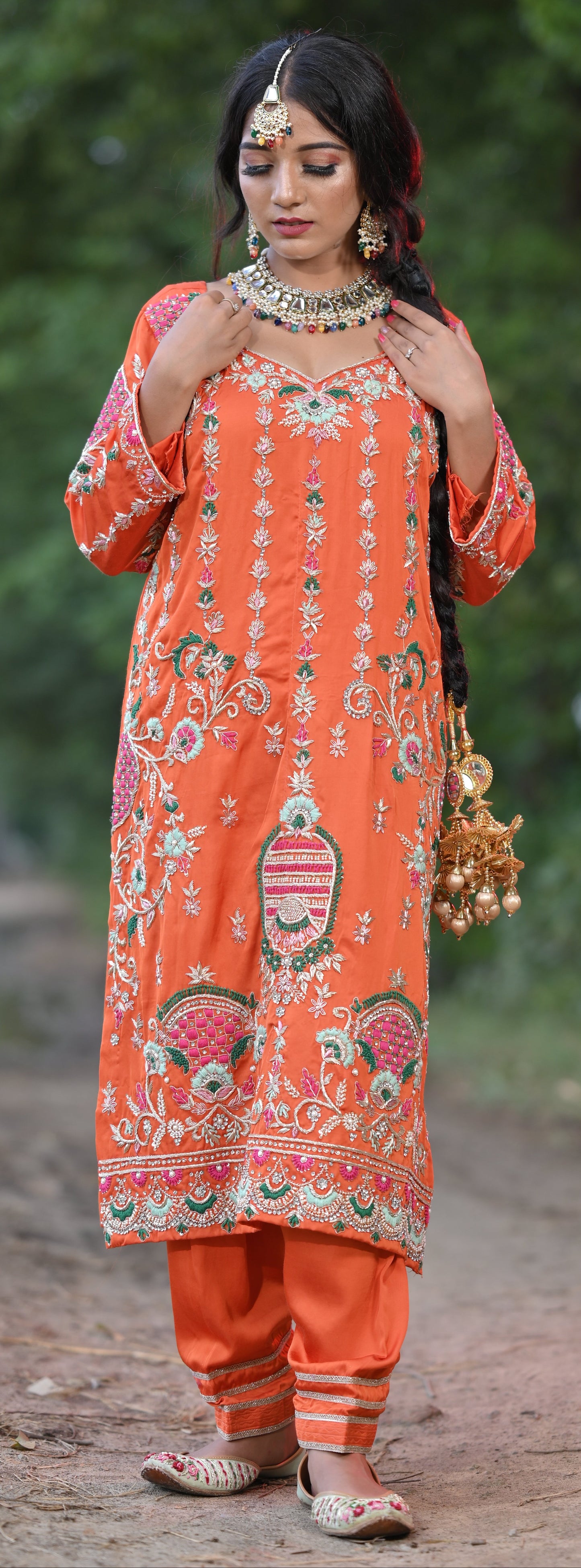Multicolor Embroidered Orange Salwar Suit