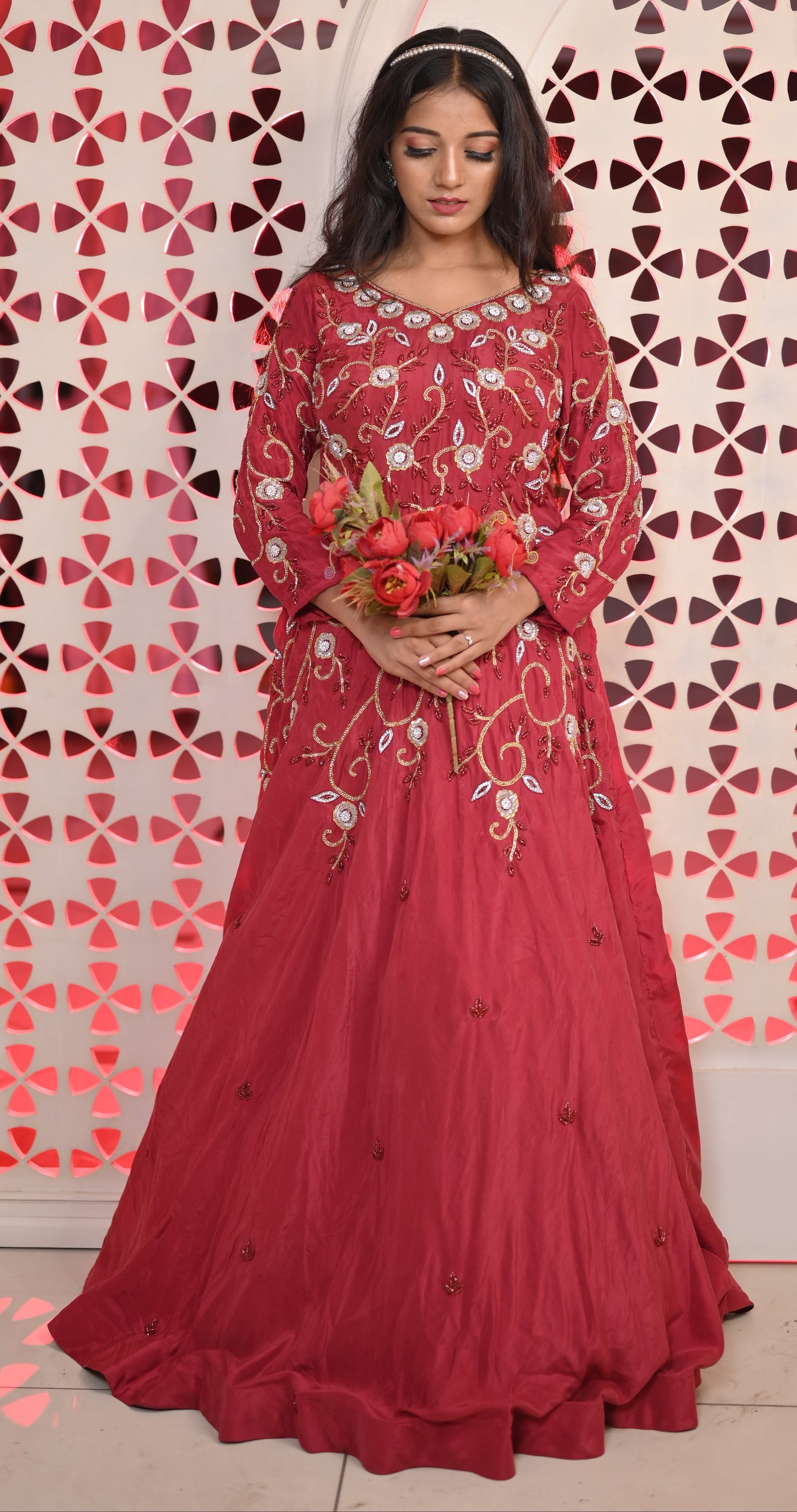 Royal Maroon Gown with Gold Embroidery