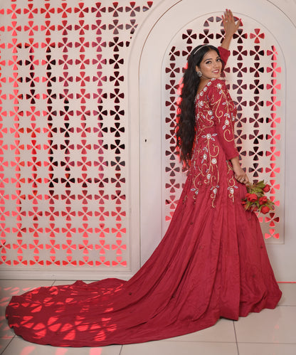 Royal Maroon Gown with Gold Embroidery