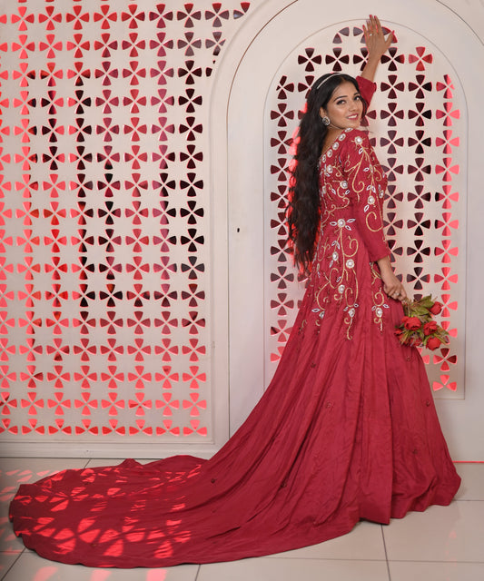 Royal Maroon Gown with Gold Embroidery